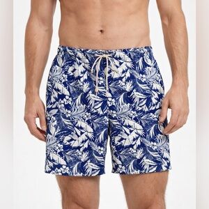 Lands End Men's Sz M 32-34 Blue White Tropical Floral w/ Drawstring Swim‎ Shorts